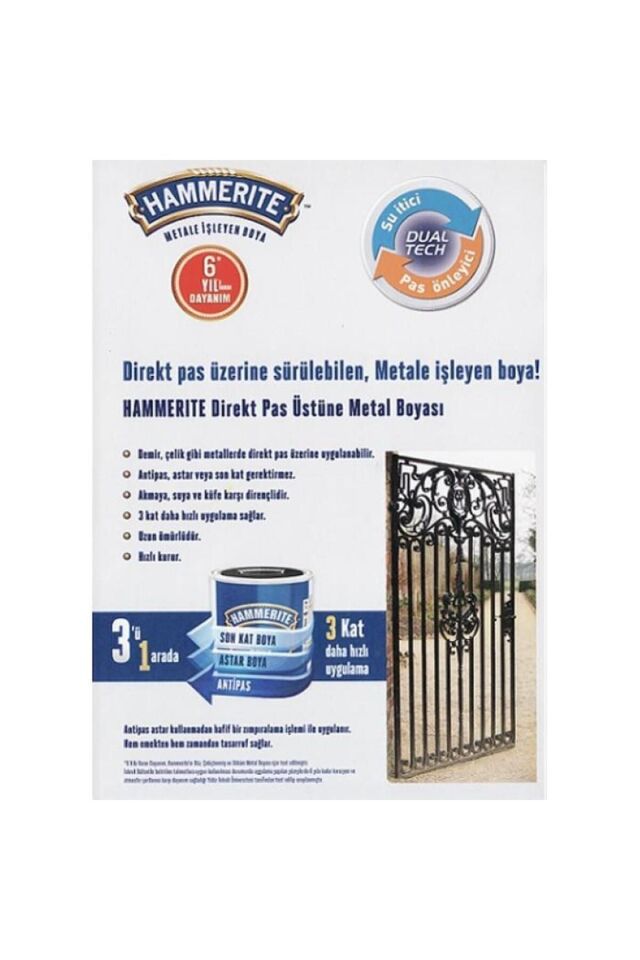Hammerite Direkt Pas Üstü Pürüzsüz Metal Boya Siyah 0.75 Lt
